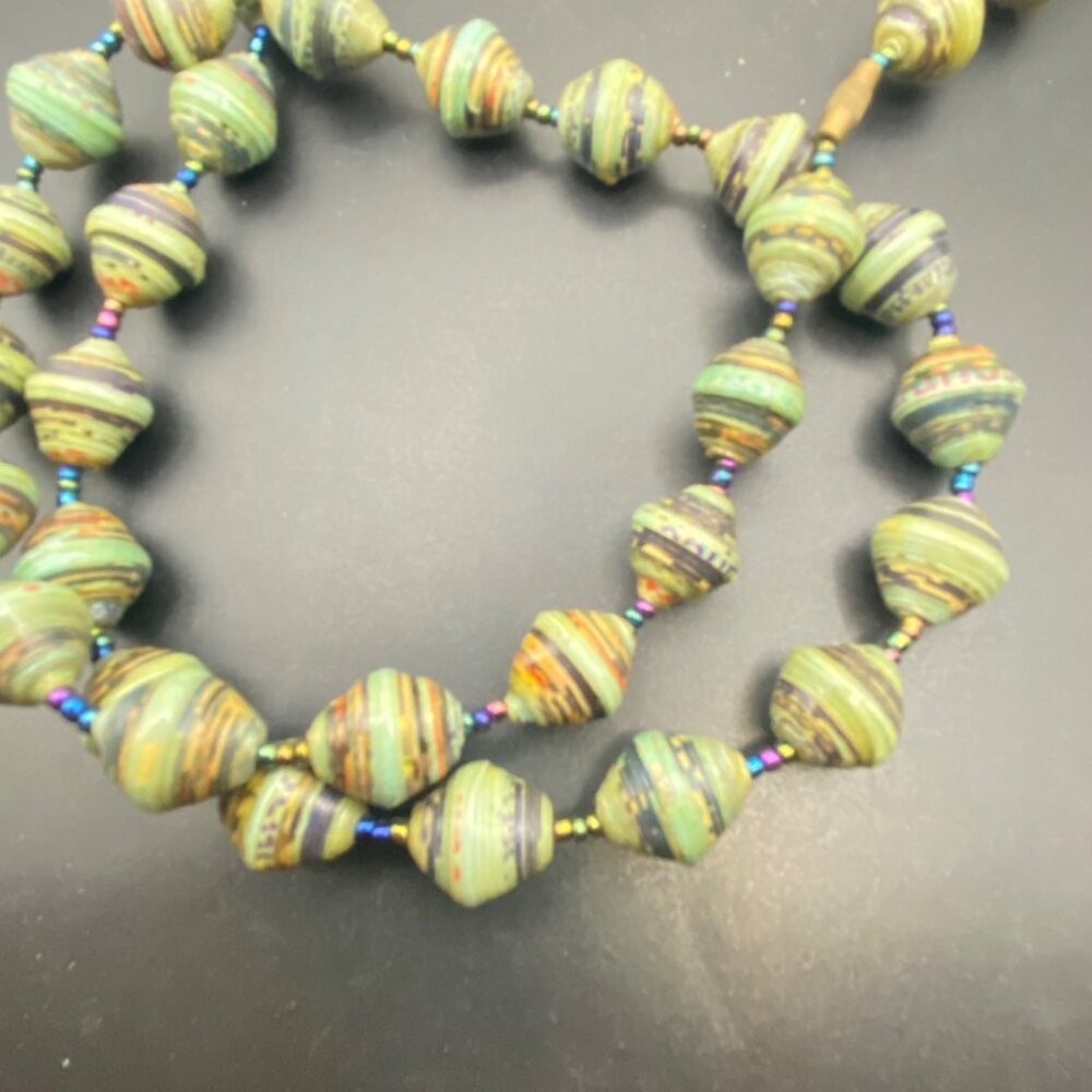 Vintage 34" Paper Glass Bead Necklace Barrel Closure Multicolor Striped Design - Picture 8 of 9